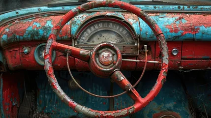 Photo sur Plexiglas Voitures anciennes Detailed shot of a vintage car's wooden steering wheel, weathered by years of driving, imbued with a sense of nostalgia.