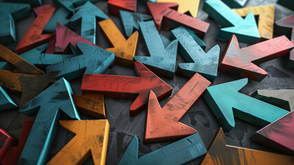 Multicolored wooden arrows scattered on a dark surface, abstract diversity concept.