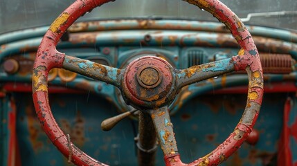 Detailed shot of a vintage car's wooden steering wheel, weathered by years of driving, imbued with a sense of nostalgia.
