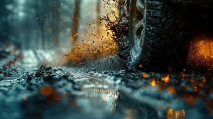 Discover the poetry in motion as rubber meets the road, the collision of textures creating a visual symphony of movement. - obrazy, fototapety, plakaty