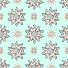 Seamless pattern with a symmetrical contour pattern, light background. Pastel shades. Flower, leaves. Unique handmade pattern for gift paper, tablecloth, wallpaper.