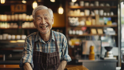 Cheerful elderly man with an infectious smile behind the counter of a traditional cafe. - obrazy, fototapety, plakaty