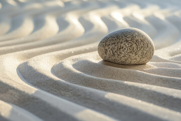 Fototapeta na wymiar Serenity Stone in Sculpted Sand Waves. Zen Garden Aesthetic. Serene Stone and Rippled Sand Texture. Tranquil Harmony