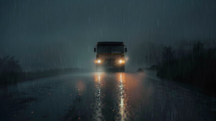 A lone bus illuminates a rainy night road with its glowing headlights.