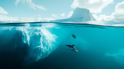 Penguins frolic in Antarctic waters. - obrazy, fototapety, plakaty