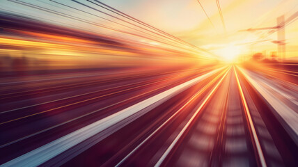 Speeding train captured at dusk with a dynamic blur effect.