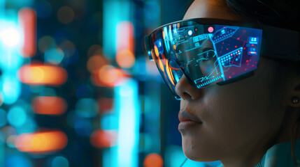 A person wearing augmented reality glasses, their world transformed by vibrant lights, symbolizing technology’s seamless blend into our perception and everyday lives