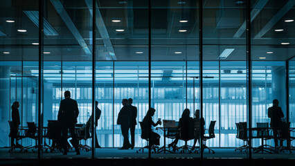 Silhouettes of busy office life playing out behind the cold glow of corporate glass.