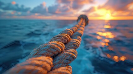 Macro photography of a boat's rope ladder, swaying gently in the breeze against the backdrop of a serene seascape.