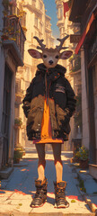 A deer in a charming outfit navigates the bustling city streets, bathed in the soft glow of sunset hues, captured in a wide-angle view that encapsulates its urban adventure