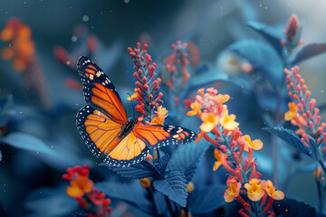 Monarch orange butterfly and bright summer flowers on a background of blue foliage in a fairy...