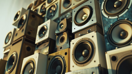 Wall of powerful loudspeakers in a music studio.
