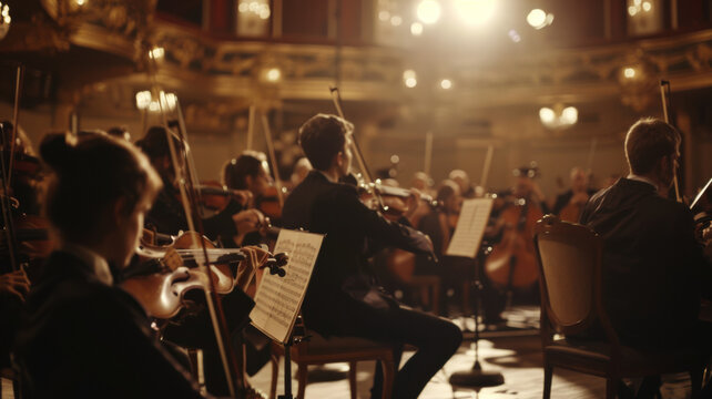 Symphony orchestra in full swing in a grand concert hall.