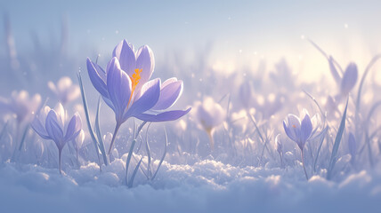 The first bloom of spring piercing through snow, life's perseverance, hopeful emergence,  hyper realistic - obrazy, fototapety, plakaty