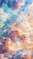 Vertical AI illustration hot air balloons amidst dreamy clouds. Concept backgrounds and textures.