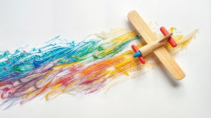 Horizontal AI illustration Wooden toy airplane on a canvas with colorful stripes. Concept hobbies.