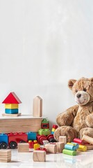 Vertical AI illustration teddy bear and colorful toys. Concept hobbies and entertainment.