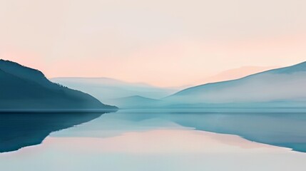 Horizontal AI illustration serene lake at dawn. Concept landscape.