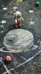 Vertical AI illustration toy astronaut on chalk-drawn planets. Concept people.