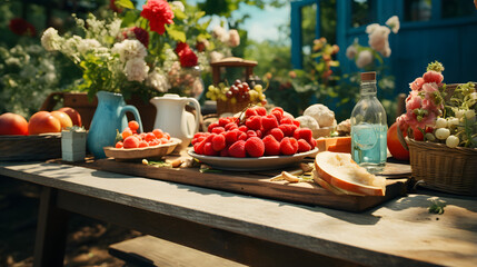 the picnic table with bread and fruit in the garden