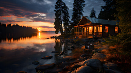 the shores of a lake front cabin at sunset