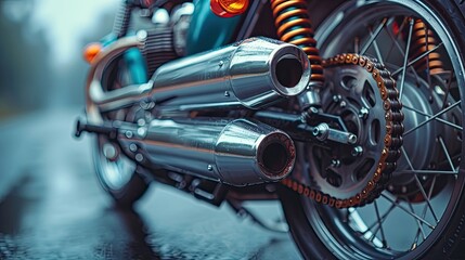 The intricate details of a vintage motorcycle's chrome exhaust pipes, capturing the essence of timeless craftsmanship.
