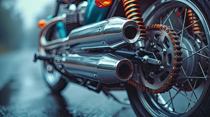 Deurstickers The intricate details of a vintage motorcycle's chrome exhaust pipes, capturing the essence of timeless craftsmanship. © Talhamobile