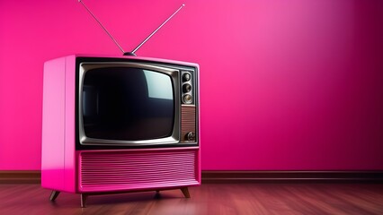 Naklejka premium Old retro TV, vintage 50s television in pink color