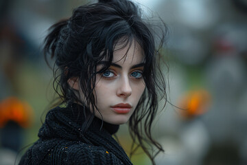Mystic Gaze: Young Woman with Striking Blue Eyes and Dark Hair