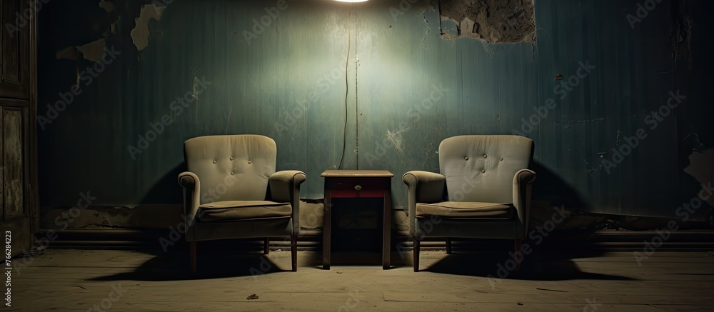 Poster two chairs are placed in a room, with a simple, elegant lamp positioned on a table between them