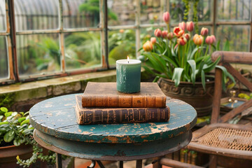 In a Victorian greenhouse, surrounded by exotic plants and flowers, a candle sits on a wrought-iron table next to botanical manuals and diaries of explorers, blending flora with literature - obrazy, fototapety, plakaty