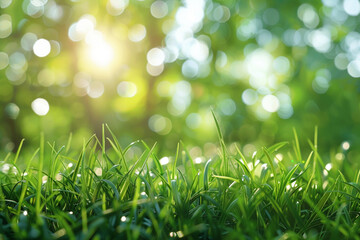 natural grass background with blurred bokeh and sun 
