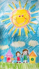 Vertical AI illustration child's drawing of sun and houses. Concept people.