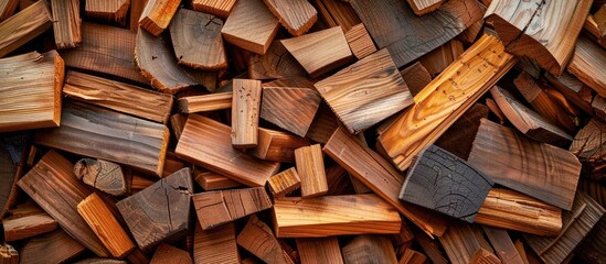 Stacked hardwood wood chips form a unique pattern resembling a pile of lumber, ideal for building material or flooring in cuisine interiors - obrazy, fototapety, plakaty