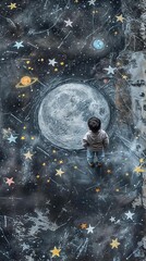 Vertical AI illustration child gazing at painted cosmos. Concept people.