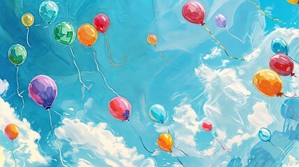 Horizontal AI illustration colorful balloons soaring in blue sky. Concept backgrounds and textures.