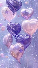 Vertical AI illustration heart-shaped balloons against a sparkly backdrop. Concept backgrounds.