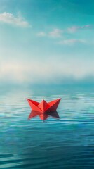 Vertical AI illustration solitary red paper boat on water. Concept hobbies and entertainment.