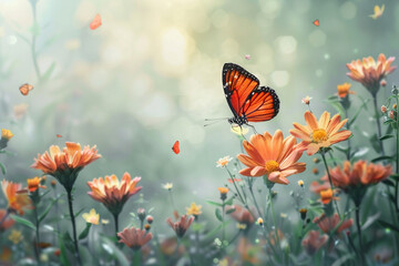 Fototapeta na wymiar Nature of butterfly and flower in garden using as background butterflies day cover page or banner template brochure landing page wallpaper design 