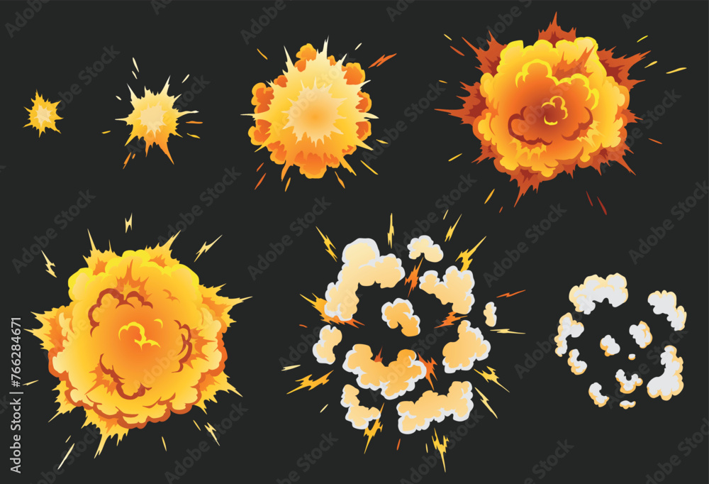 Poster explosion animation effect for game, separate frames. burst explosion in cartoon style. bomb or bang