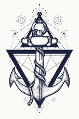 Anchor tattoo. Symbol of freedom, sea adventure, journey and tourism. Sacred geometry style. Creative t-shirt design concept
