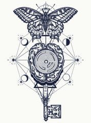 Butterfly, esoteric key, brain and labyrinth tattoo art. Symbol of philosophy, artificial intelligence, psychology, creative thinking, imagination. Creative t-shirt design concept