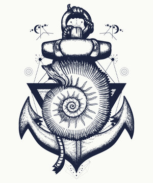 Anchor and nautilus shell tattoo. Sacred geometry style. Creative t-shirt design concept. Symbol of freedom, sea adventure, journey and tourism