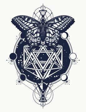 Butterfly and universe tattoo. Sacred geometry style. Esoteric symbol of freedom, magic, travel. Creative t-shirt design concept