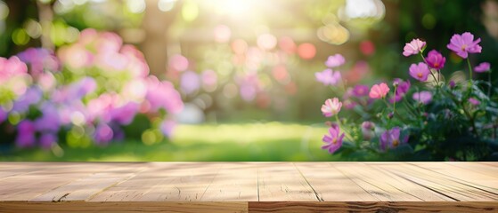 Wooden garden table top, pink blooming flowers, lush fresh green grass in blurred backdrop. Sunny light, great outdoor floral scene. Violet, magenta park.