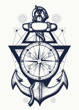 Anchor and compass tattoo. Symbol of freedom and sea adventure, journey and tourism. Sacred geometry style. Creative t-shirt design concept