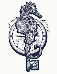 Sea horse, compass and vintage key. Tattoo and t-shirt design. Black and white esoteric symbol of travel, journey, freedom and sea adventure