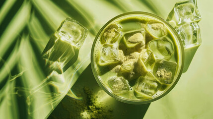 Top view of an iced matcha latte on a pastel green background with ice cubes. Refreshing cold drink. Generative AI - obrazy, fototapety, plakaty