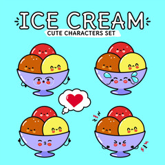 Funny cute happy Ice cream characters bundle set. Vector hand drawn doodle style cartoon character illustration. Isolated on blue background. Ice cream sundae mascot character collection