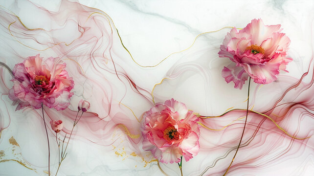 Pink flowers against a white marble backdrop. Beautiful simple AI generated image in 4K, unique.